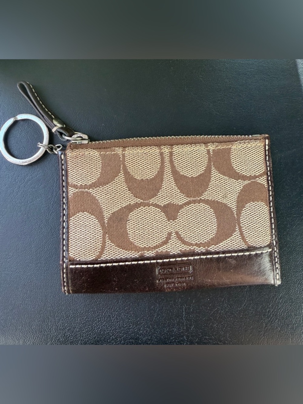 Coach Signature Monogram Zip Card Holder Wallet Leather Trim Brown Y2K